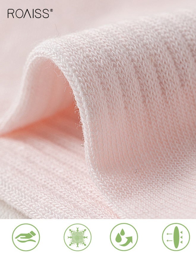 رويس 5 أزواج من الجوارب النسائية حتى منتصف الساق، شبكية تسمح بمرور الهواء، وتمتص العرق، ومقاومة للرائحة، جوارب مخططة للربيع/الصيف، جوارب رياضية غير رسمية من القطن الخالص غير قابلة للانزلاق للسيدات - Image 3