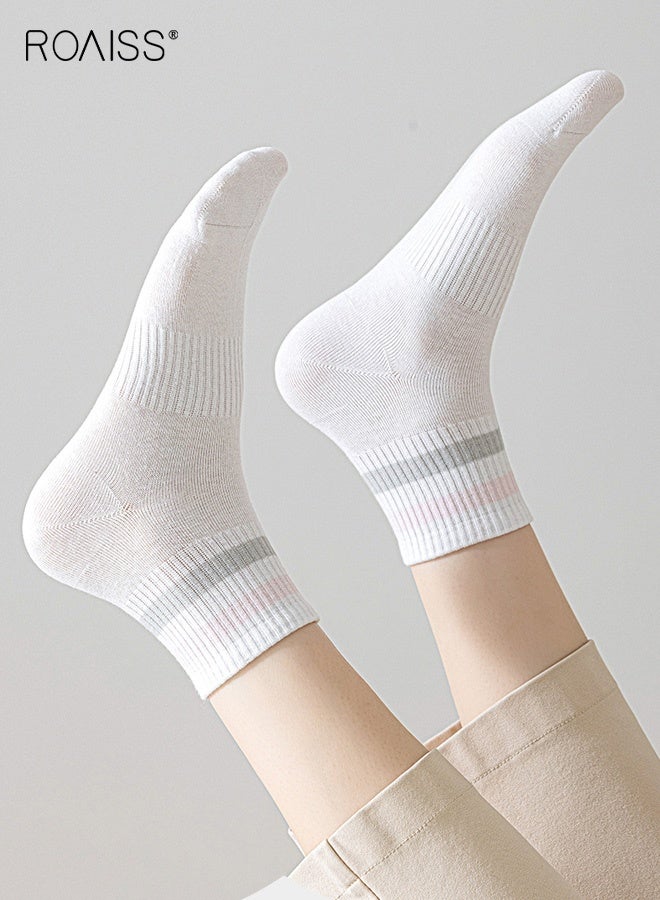رويس 5 أزواج من الجوارب النسائية حتى منتصف الساق، شبكية تسمح بمرور الهواء، وتمتص العرق، ومقاومة للرائحة، جوارب مخططة للربيع/الصيف، جوارب رياضية غير رسمية من القطن الخالص غير قابلة للانزلاق للسيدات - Image 4