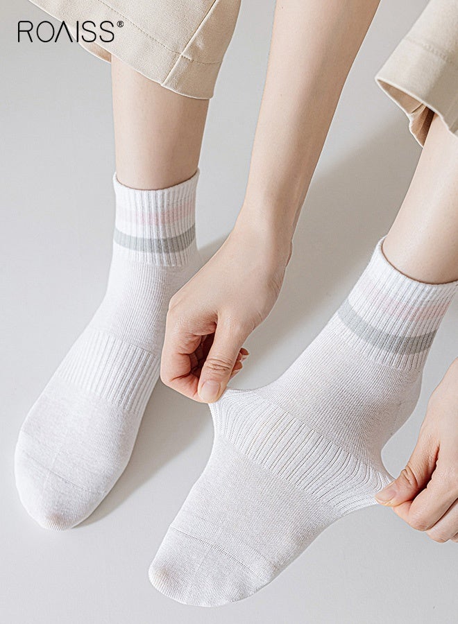 رويس 5 أزواج من الجوارب النسائية حتى منتصف الساق، شبكية تسمح بمرور الهواء، وتمتص العرق، ومقاومة للرائحة، جوارب مخططة للربيع/الصيف، جوارب رياضية غير رسمية من القطن الخالص غير قابلة للانزلاق للسيدات - Image 5