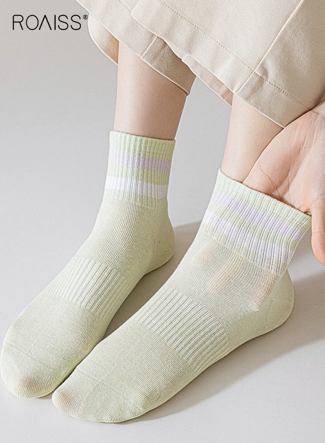 رويس 5 أزواج من الجوارب النسائية حتى منتصف الساق، شبكية تسمح بمرور الهواء، وتمتص العرق، ومقاومة للرائحة، جوارب مخططة للربيع/الصيف، جوارب رياضية غير رسمية من القطن الخالص غير قابلة للانزلاق للسيدات - Image 2