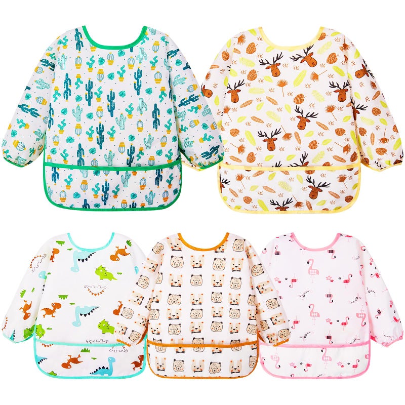 Lictin Long Sleeve Bibs 5 Pack - Baby Bibs for Girl or Boy, 0-24 Months Neutral Baby Smock for Eating, Reusable Infant for Feeding Teething or Weaning - Image 1