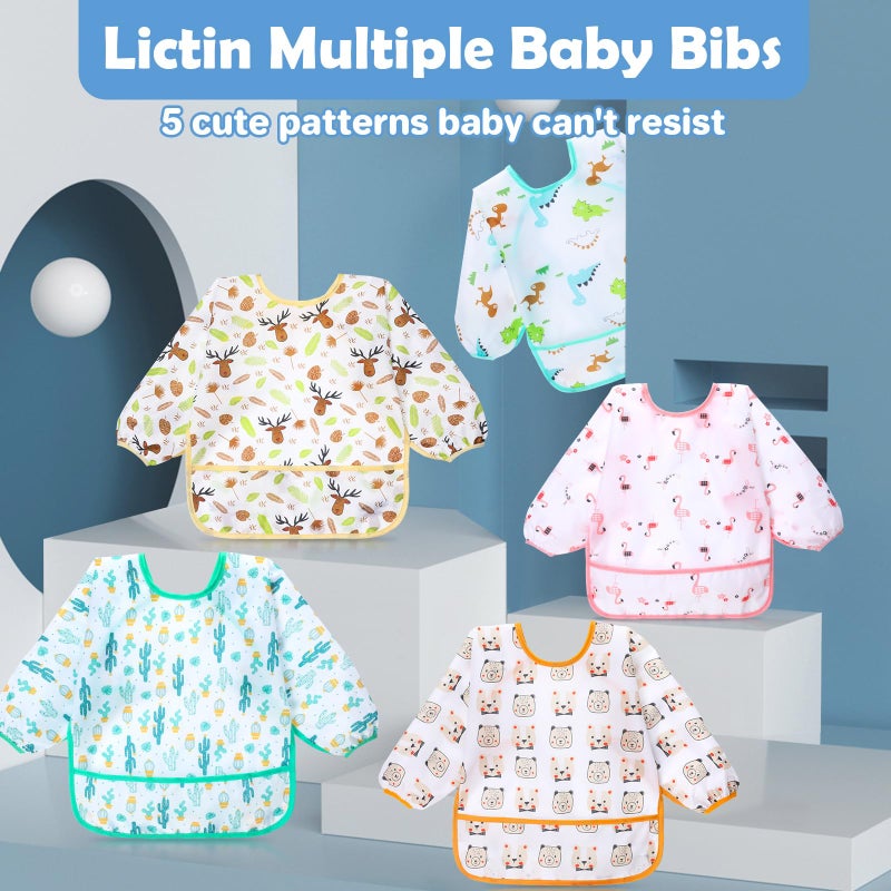 Lictin Long Sleeve Bibs 5 Pack - Baby Bibs for Girl or Boy, 0-24 Months Neutral Baby Smock for Eating, Reusable Infant for Feeding Teething or Weaning - Image 2