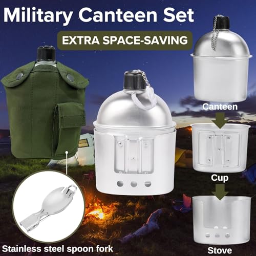BeGrit Military Canteen Army Canteen WWII US G.I. Style Canteen Kit with Aluminum Cup Stove Stainless Steel Spoon Fork for Hiking Backpacking Camping - Image 3