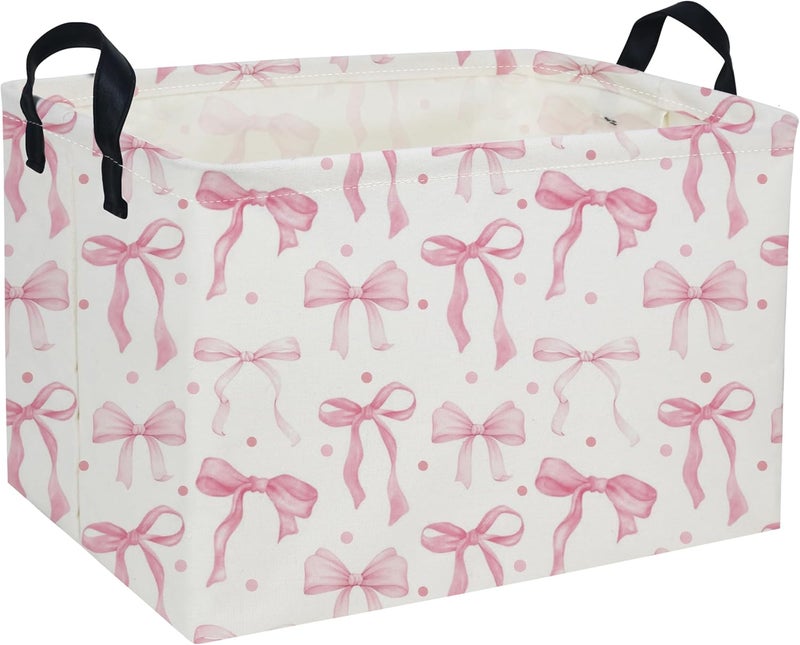 DDBASKET Kids Basket Pink Baskets Girls Basket Rectangular Cute Storage Bin for Room Decor(Pink bownot) - Image 1