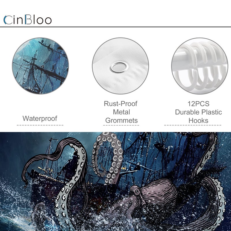 Cinbloo Navy Blue Octopus Beach Shower Curtain Nautical Kraken Anime Pirate Ship Kids Bathroom Curtain Set Sea Wave Sailboat Gothic Ocean Moon Night Anime Bathroom Decor Fabric with 12 Hooks 60Wx72H - Image 4