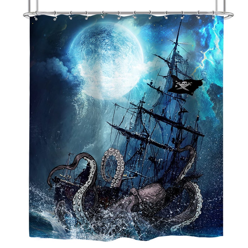 Cinbloo Navy Blue Octopus Beach Shower Curtain Nautical Kraken Anime Pirate Ship Kids Bathroom Curtain Set Sea Wave Sailboat Gothic Ocean Moon Night Anime Bathroom Decor Fabric with 12 Hooks 60Wx72H - Image 2
