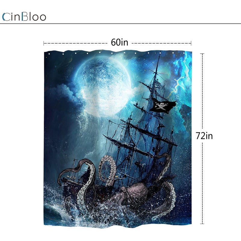 Cinbloo Navy Blue Octopus Beach Shower Curtain Nautical Kraken Anime Pirate Ship Kids Bathroom Curtain Set Sea Wave Sailboat Gothic Ocean Moon Night Anime Bathroom Decor Fabric with 12 Hooks 60Wx72H - Image 3