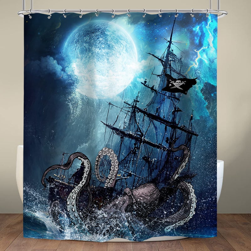 Cinbloo Navy Blue Octopus Beach Shower Curtain Nautical Kraken Anime Pirate Ship Kids Bathroom Curtain Set Sea Wave Sailboat Gothic Ocean Moon Night Anime Bathroom Decor Fabric with 12 Hooks 60Wx72H - Image 5