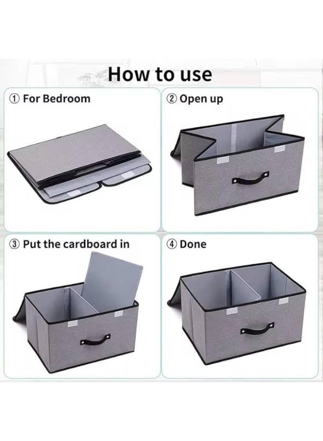 صندوق تخزين كتان قابل للطي مع قسمين، منظم متعدد الاستخدامات للملابس والإكسسوارات، رمادي - Image 3