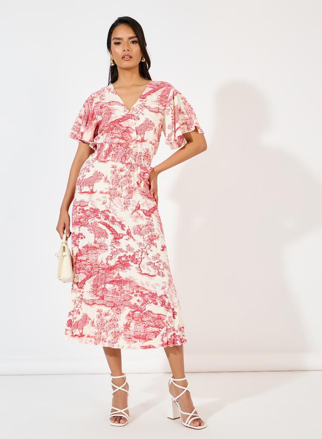 Styli All Over Print Pleated A-Line Midi Dress - Image 1