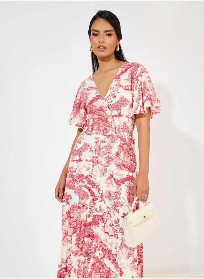 Styli All Over Print Pleated A-Line Midi Dress
