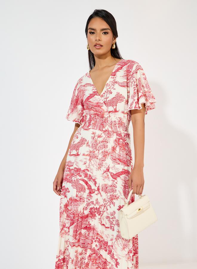 Styli All Over Print Pleated A-Line Midi Dress - Image 5