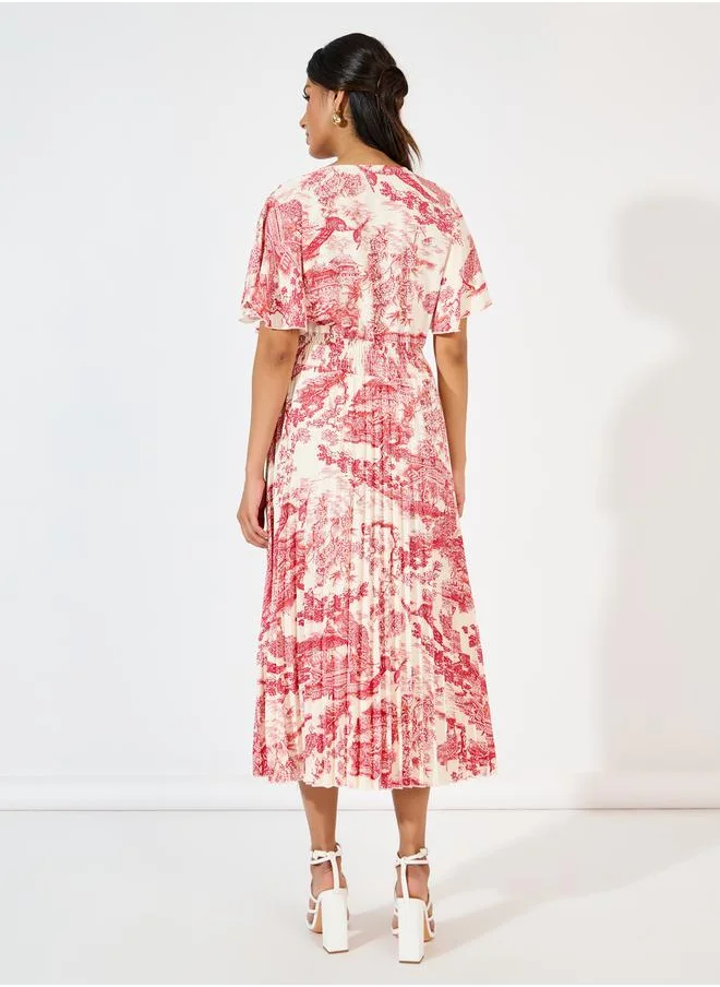 Styli All Over Print Pleated A-Line Midi Dress