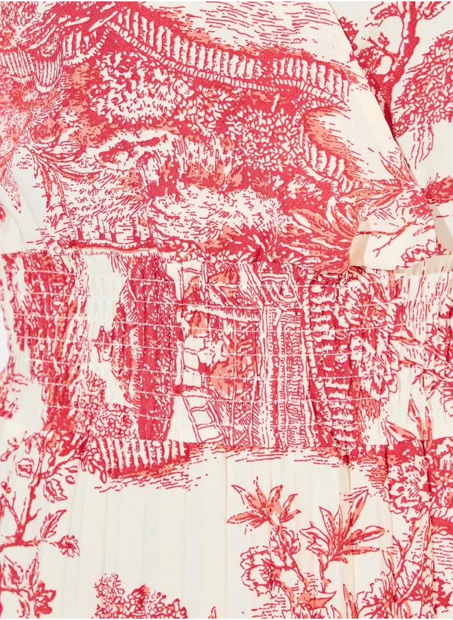 Styli All Over Print Pleated A-Line Midi Dress