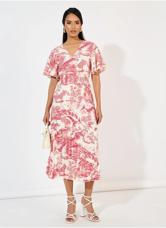 Styli All Over Print Pleated A-Line Midi Dress