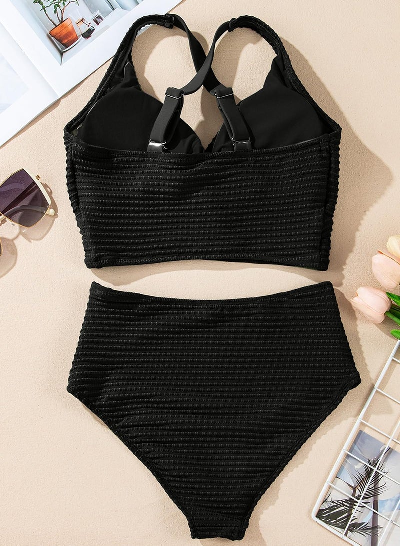 Herseas Women's Black Bikini Sets Twist Front Adjustable Top Swimsuits High Waisted Textured Push Up Bathing Suits Large - Image 5