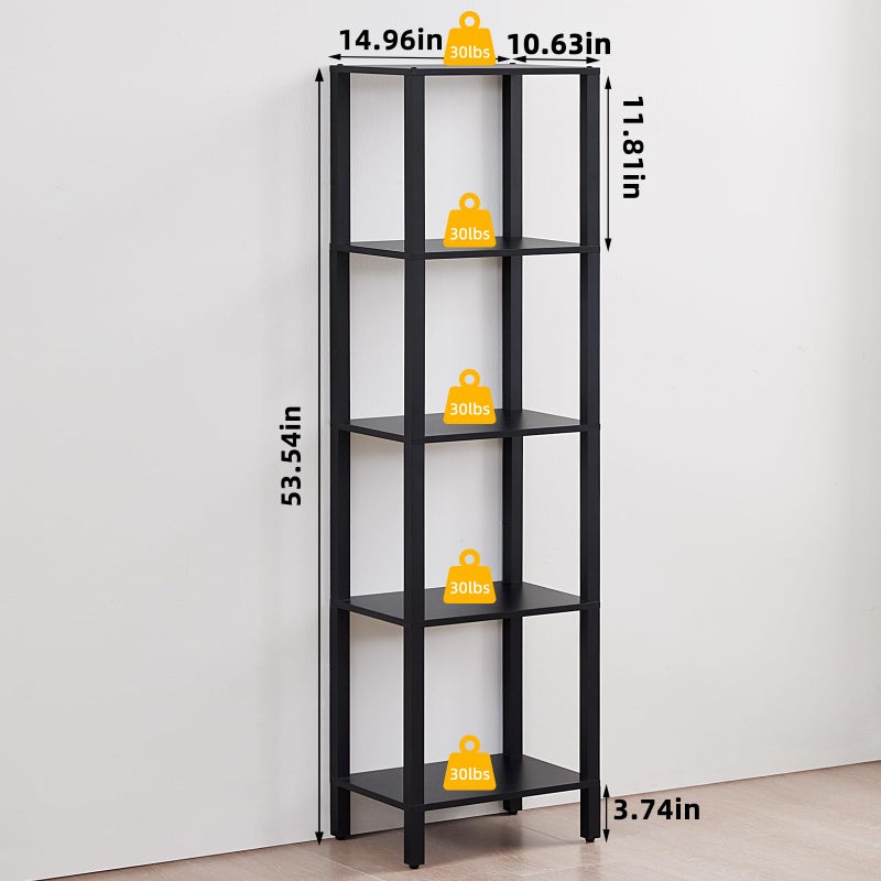 YUFAM 54in Tall Bookshelf 5-Tier Small Narrow Bookcase, Skinny Book Shelf for Small Space, Farmhouse Slim Shelf with Storage, Wood Freestanding Display Thin Bookshelves for Living Room, Office, Black - Image 2