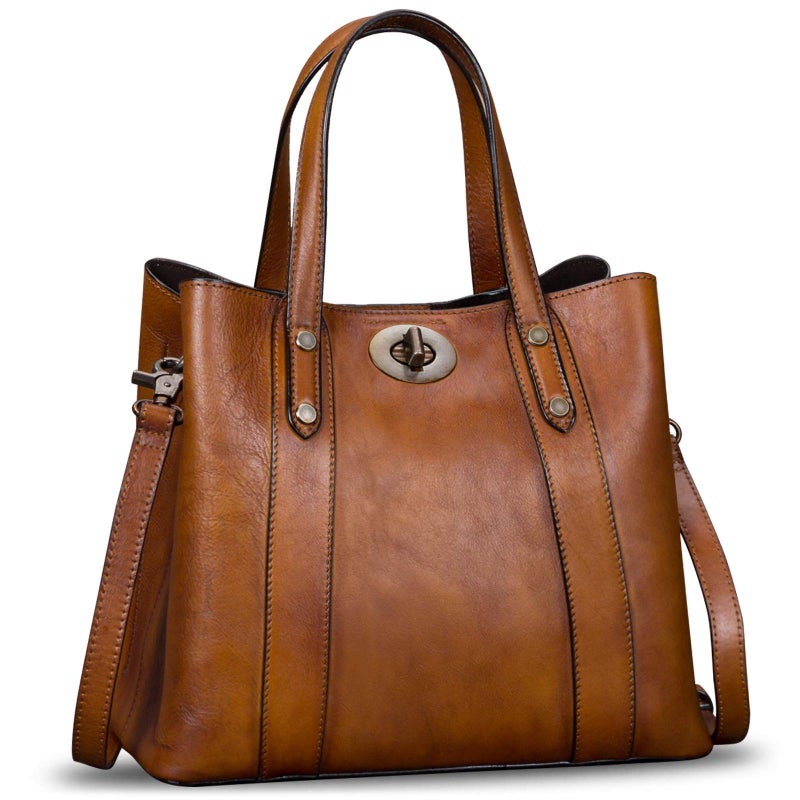Genuine Leather Handbags for Women Satchel Purses Vintage Handmade Shoulder Bag Cowhide Top Handle Handbag Totes Brown