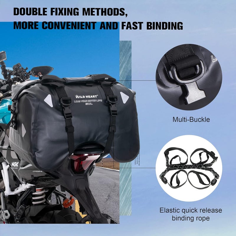 WILD HEART 50L Waterproof Motorcycle Rear Seat Bag - U Shape Tail Duffel Bag with Straps - Image 5