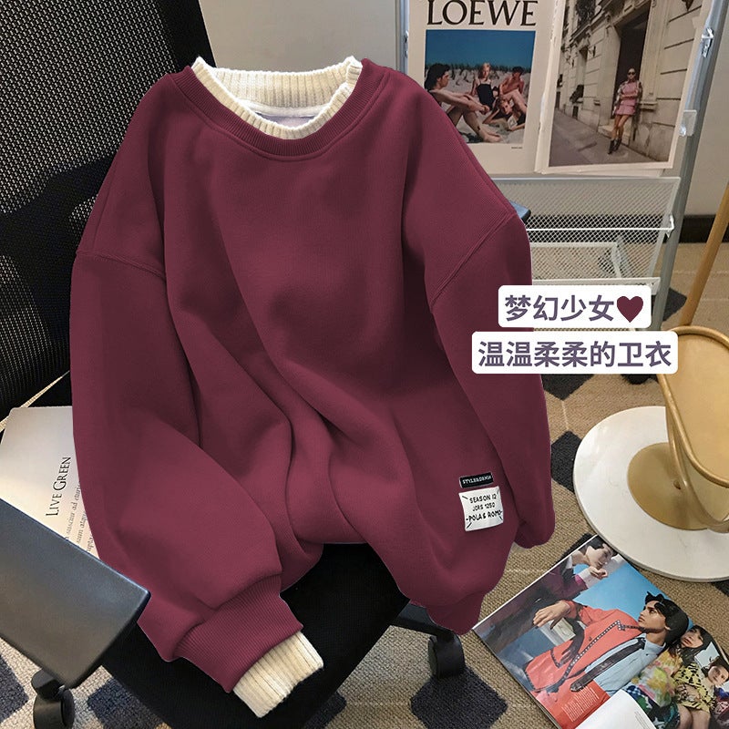 2024 New Womens Sweatshirt fleece-lined Round Neck Sweatshirt Womens Fake Two-piece Loose plus size Womens Thickened Coat Clothes Wine Red (fleece-lined 37388)