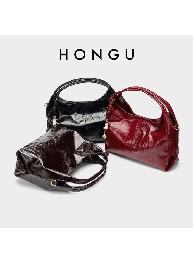 Hongu Women's Oil Wax Leather Shoulder Handbag Premium Genuine Leather Crossbody Bag Commuter Ladies Bag 38 Festival Gift - Image 3