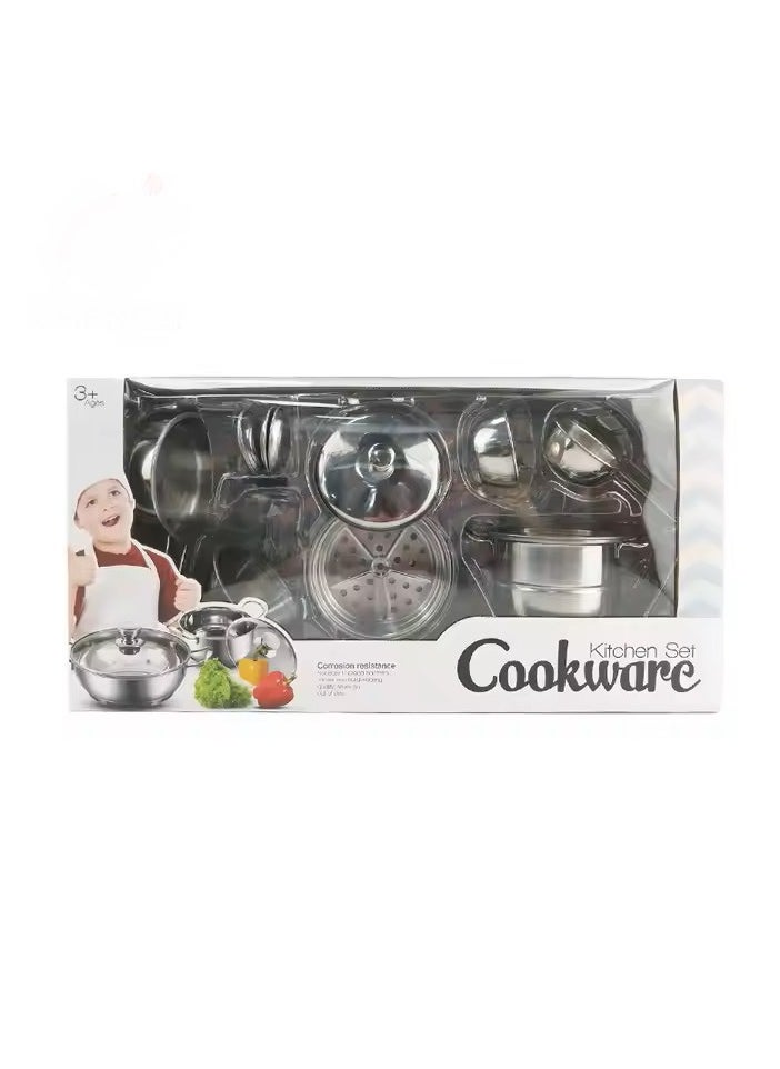 Cookware Stainless Steel Kitchen Toy Set for Kids - 11Pcs Realistic Pretend Cooking Playset 👩‍🍳🍳 | Educational Chef Toy for Girls & Boys  - Image 1