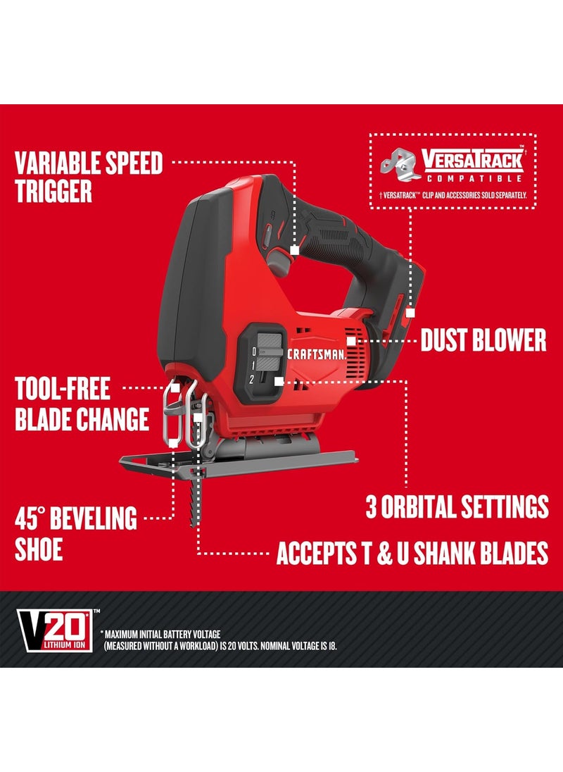 CRAFTSMAN CRAFTSMAN V20 Cordless Jig Saw 3 Orbital Settings Up to 2500 SPM Bare Tool Only CMCS600B  - Image 2