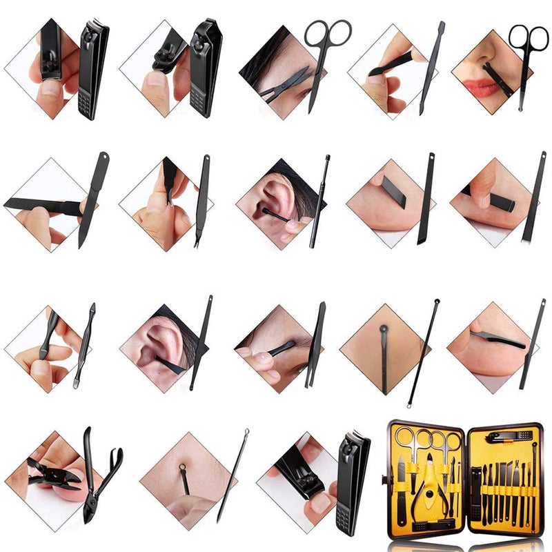QLNE Manicure Pedicure Kit Nail Clippers Set 18 in 1 High Precision Stainless Steel Cutter File Sharp Scissors for Men & Women Fingernails & Toenails Vibrissac Scissors with Stylish Case (Yellow_18in1) - Image 5