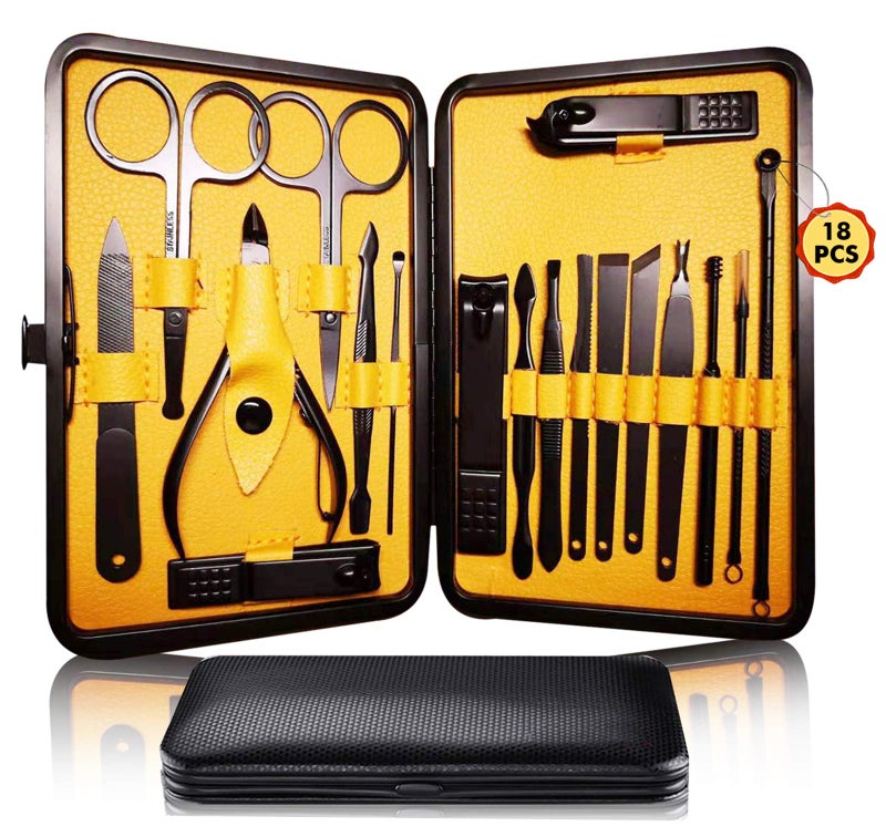 QLNE Manicure Pedicure Kit Nail Clippers Set 18 in 1 High Precision Stainless Steel Cutter File Sharp Scissors for Men & Women Fingernails & Toenails Vibrissac Scissors with Stylish Case (Yellow_18in1) - Image 1