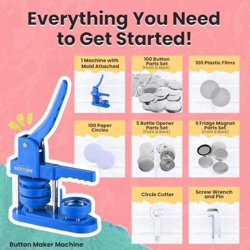 nice2have Button Maker Machine 2.25 Inch Pin Maker Kit - Single Mold, 100 Buttons, 5 Fridge Magnets, 5 Bottle Openers, Cutters, and 500+ Button Designs for DIY Crafts (Blue) - Image 3