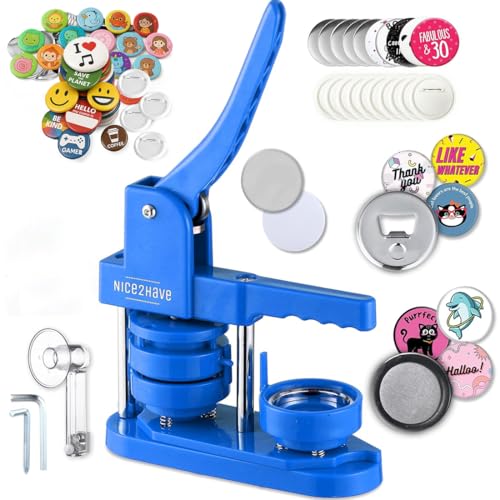 nice2have Button Maker Machine 2.25 Inch Pin Maker Kit - Single Mold, 100 Buttons, 5 Fridge Magnets, 5 Bottle Openers, Cutters, and 500+ Button Designs for DIY Crafts (Blue) - Image 1
