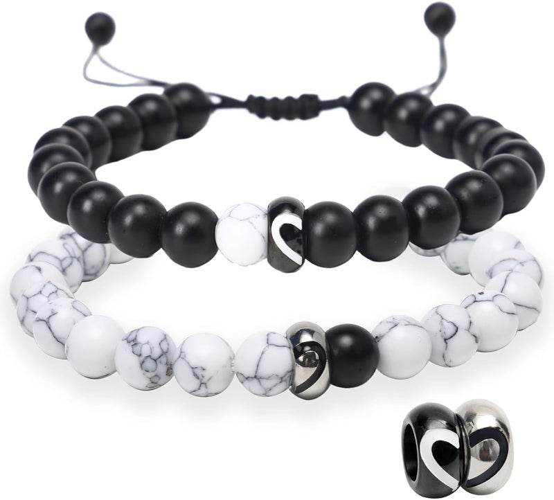 Zikra 2 Pcs Magnetic Couple Bracelets Matching Heart Charms Adjustable Relationship Distance Connecting Bracelets, Two-Wire Strong Couples Friendship Bracelet Beads Valentines Day Gifts for His and Her - Image 1