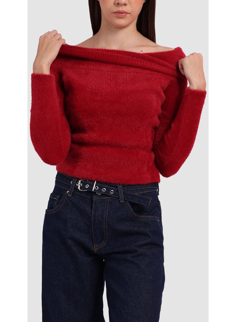 KYVELi Women’s Off-Shoulder Fuzzy Knit Top – Red - Image 1