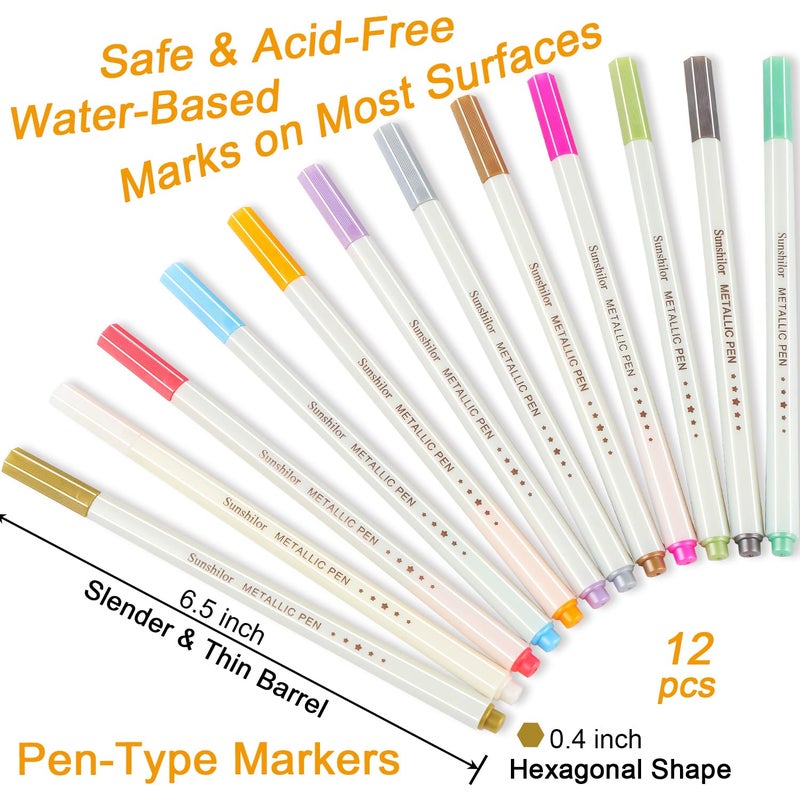 Sunshilor Metallic Markers Fine Point Metallic Marker Pens for Black Paper, Rock Painting, Easter Egg, Halloween Pumpkin, Card Making, Metal, Ceramic, Wine Glass, Set of 12 - Image 3