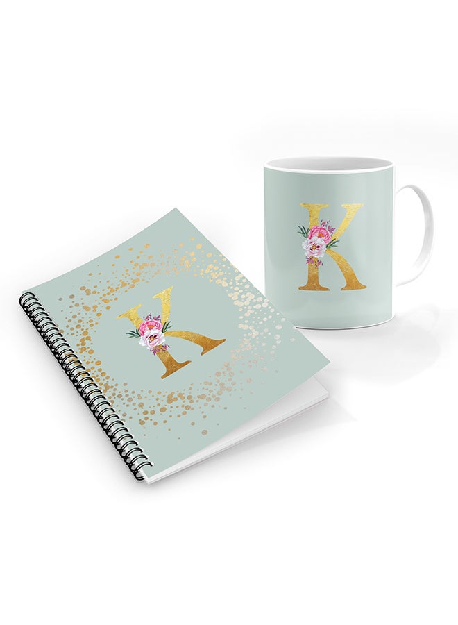 Stylizedd Printed Coffee Mug + A5 Spiral Notebook Memo Personalised Combo Gift Set -Custom Monogram Initial Letter Floral Pattern Alphabet - K  ( Light Green )