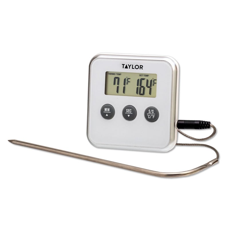 Taylor Programmable Instant Read Wired Probe Digital Meat Food Grill BBQ Cooking Kitchen Thermometer with Alarm, White - Image 1