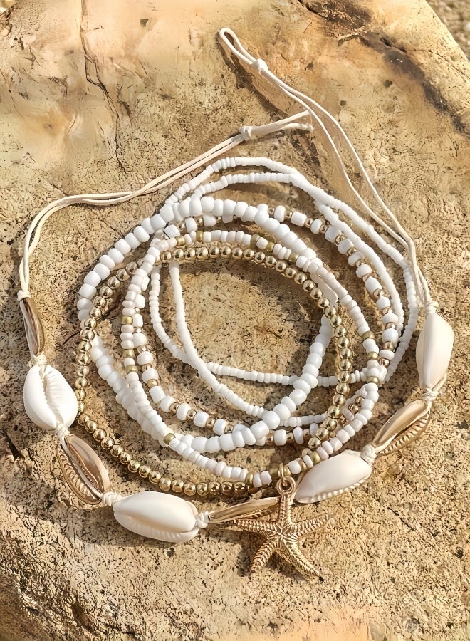 7 قطع من أساور الكاحل البحرية المضفرة بالكريستال الذهبي على شكل نجمة، قابلة للتعديل، مطلية بالذهب، على شكل صدفة بوهو، أساور الكاحل الشاطئية، صدف البحر، قرص لؤلؤي، نجم البحر، محار، مجوهرات - Image 2