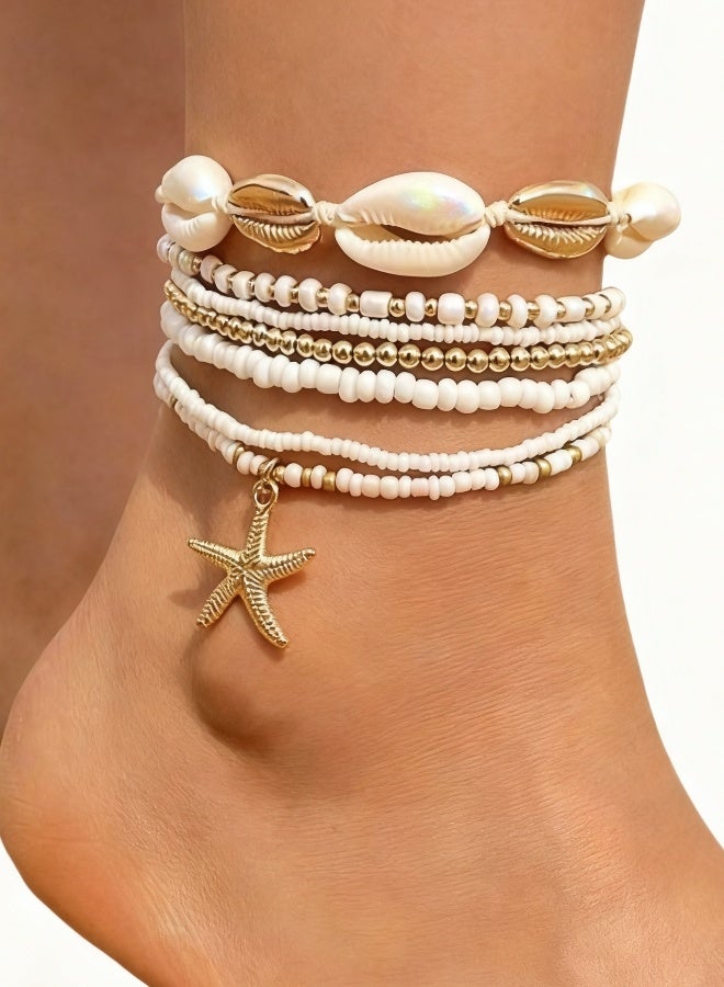 7 قطع من أساور الكاحل البحرية المضفرة بالكريستال الذهبي على شكل نجمة، قابلة للتعديل، مطلية بالذهب، على شكل صدفة بوهو، أساور الكاحل الشاطئية، صدف البحر، قرص لؤلؤي، نجم البحر، محار، مجوهرات - Image 1