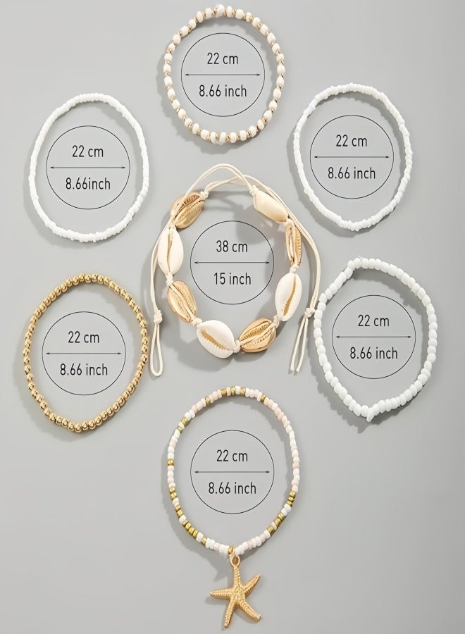 7 قطع من أساور الكاحل البحرية المضفرة بالكريستال الذهبي على شكل نجمة، قابلة للتعديل، مطلية بالذهب، على شكل صدفة بوهو، أساور الكاحل الشاطئية، صدف البحر، قرص لؤلؤي، نجم البحر، محار، مجوهرات - Image 5