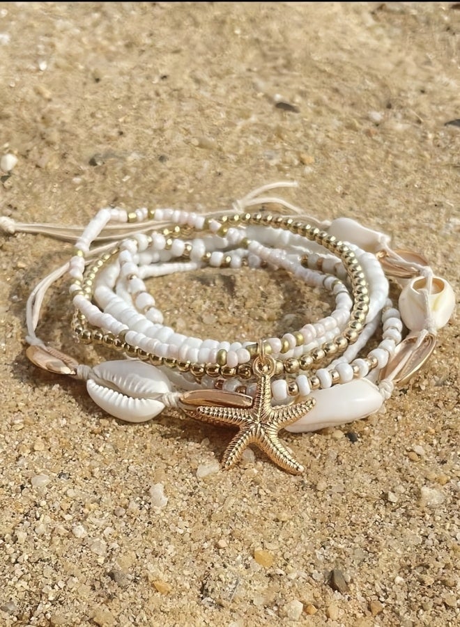 7 قطع من أساور الكاحل البحرية المضفرة بالكريستال الذهبي على شكل نجمة، قابلة للتعديل، مطلية بالذهب، على شكل صدفة بوهو، أساور الكاحل الشاطئية، صدف البحر، قرص لؤلؤي، نجم البحر، محار، مجوهرات - Image 4