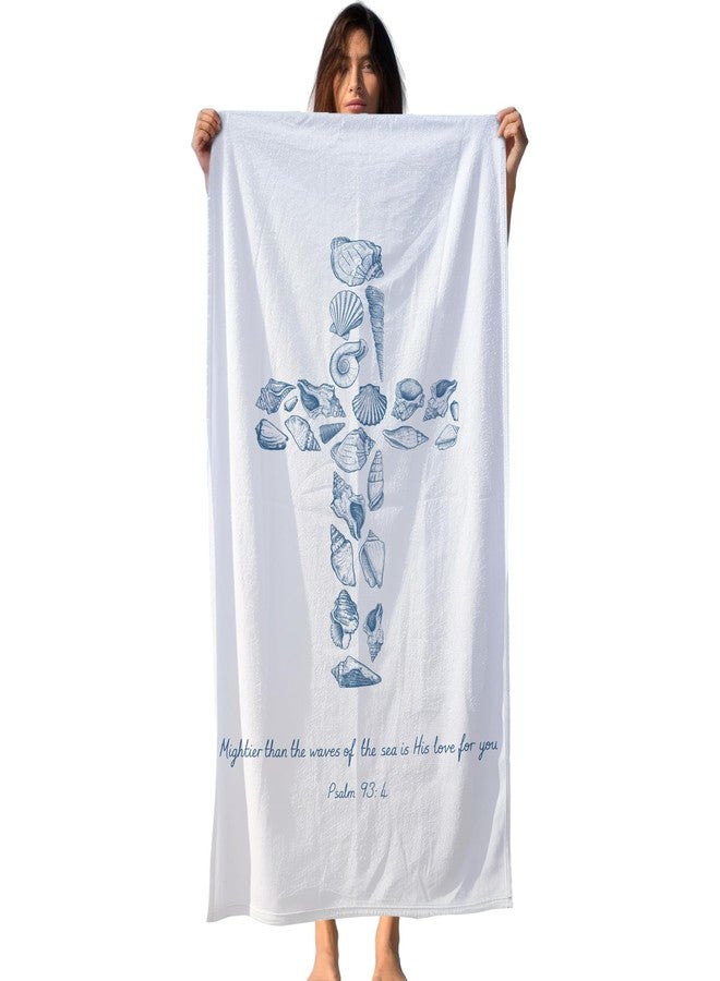 FIicy Blue Seashell Cross Christian Beach Towel, Seashell Cross Pool Towels, Christian Bible Coastal Large Beach Bath Travel Towels for Bathroom Swimming Camping, Nautical Bathroom Decor, 30x60in - Image 1