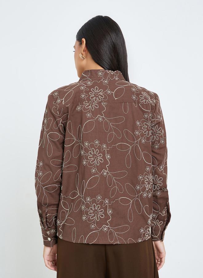 Styli Brown Embroidered Cotton Oversized Shirt - Image 5
