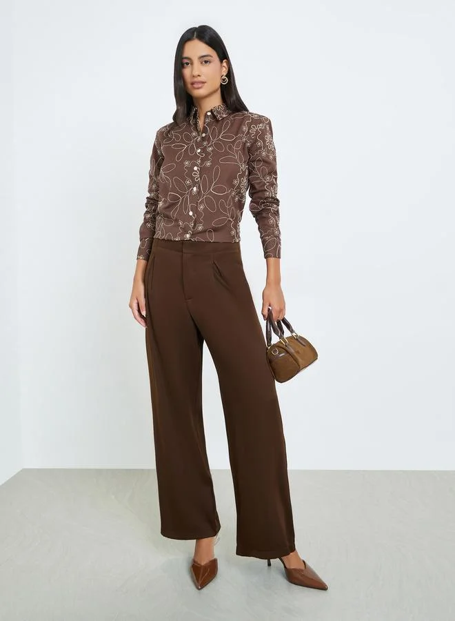 Styli Brown Embroidered Cotton Oversized Shirt