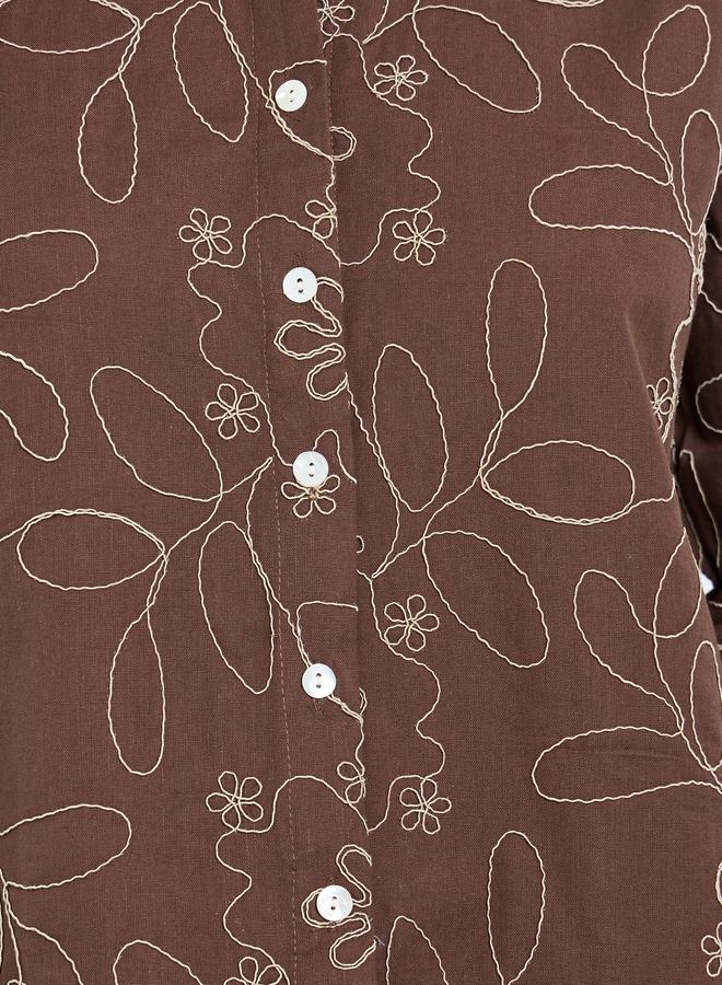 Styli Brown Embroidered Cotton Oversized Shirt - Image 4