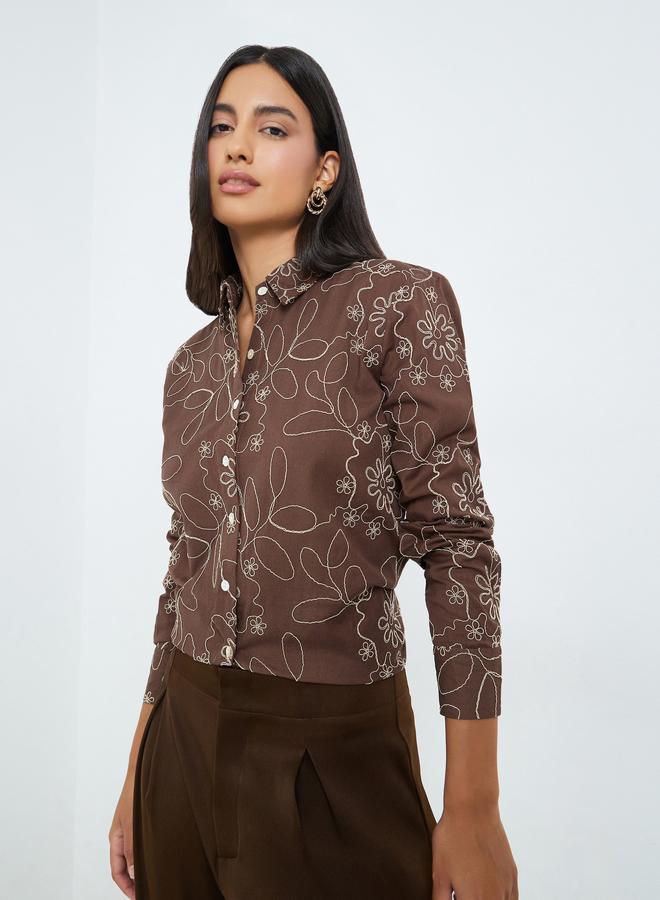 Styli Brown Embroidered Cotton Oversized Shirt - Image 3
