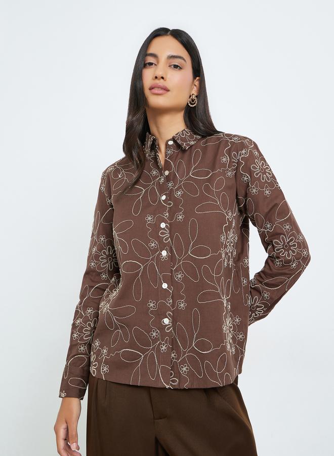 Styli Brown Embroidered Cotton Oversized Shirt - Image 1