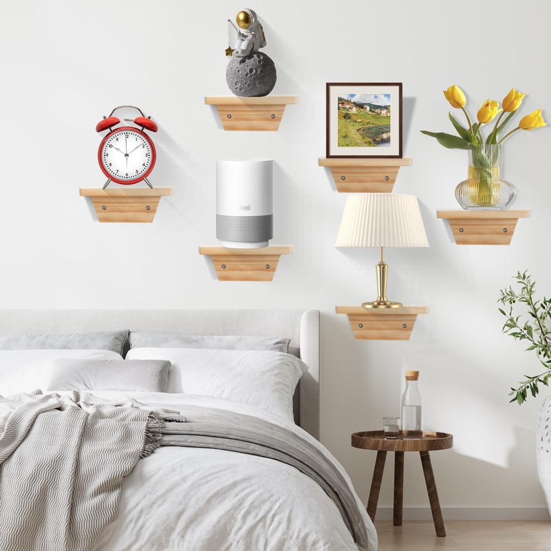 PHOENANCEE Small Floating Shelves,Trapezoid Wall Shelf for Speaker Table Lamp Plants Display,Decorative Wood Ledges Chic for Living Room,Bedroom,Kitchen,Office,Pine,8x6 Inch,2 Packï¼ˆNatural Woodï¼‰ - Image 3