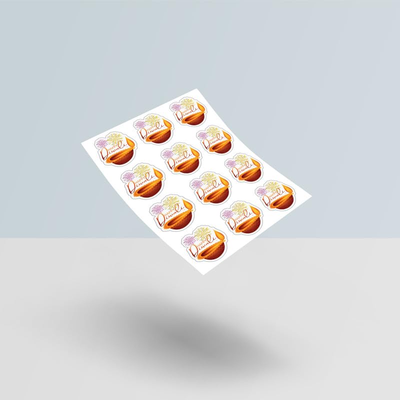 D2c 44-Piece Happy Diwali Premium Diya Stickers – 1.35 Inch Elegant Calligraphy Design with Fireworks & Traditional Patterns, Self-Adhesive Festival Labels (Luxury Diya Art) - Image 3