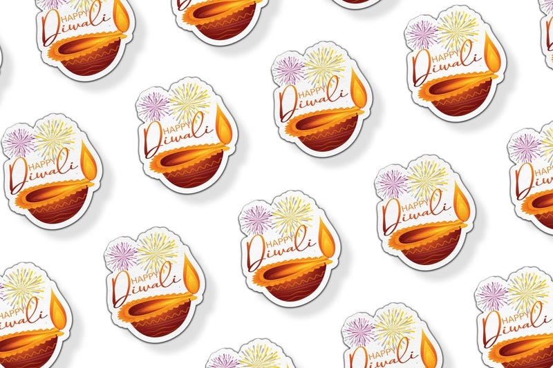 D2c 44-Piece Happy Diwali Premium Diya Stickers – 1.35 Inch Elegant Calligraphy Design with Fireworks & Traditional Patterns, Self-Adhesive Festival Labels (Luxury Diya Art) - Image 1
