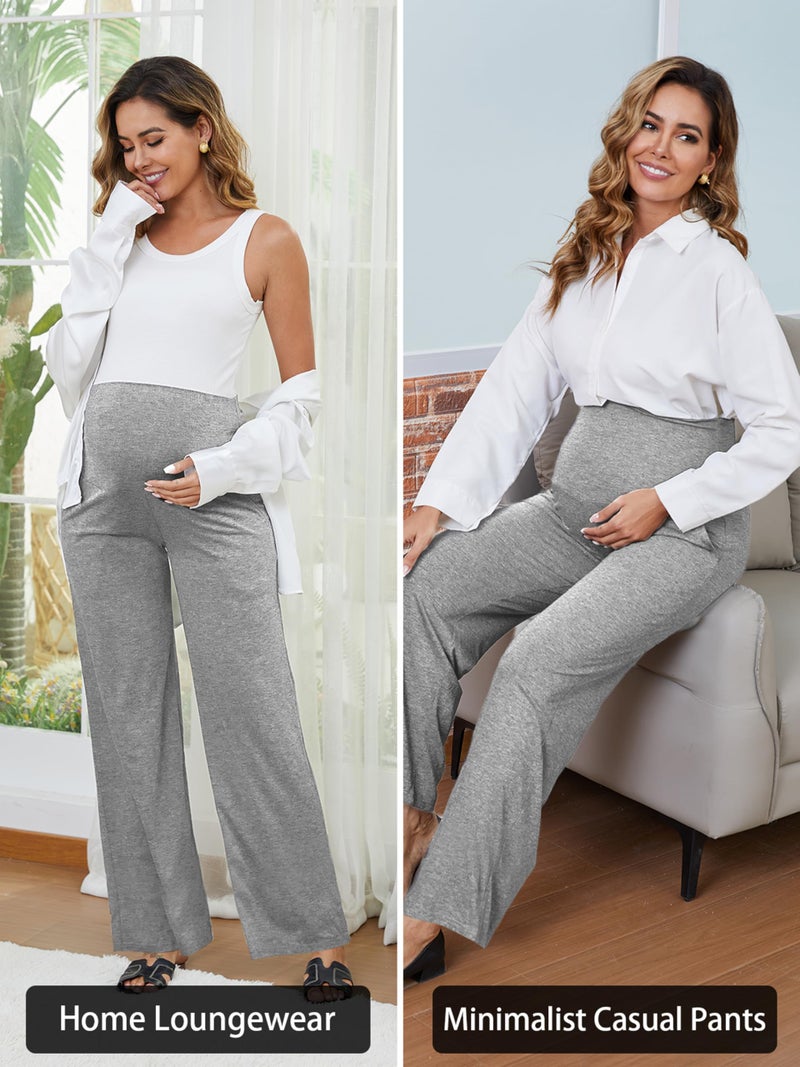 Ecavus 3-Pack Women's Maternity Pants Over Belly Soft Lounge Palazzo Pants Stretch Wide Leg Pregnancy Trousers with Pockets - Image 5